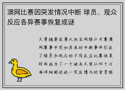澳网比赛因突发情况中断 球员、观众反应各异赛事恢复成谜